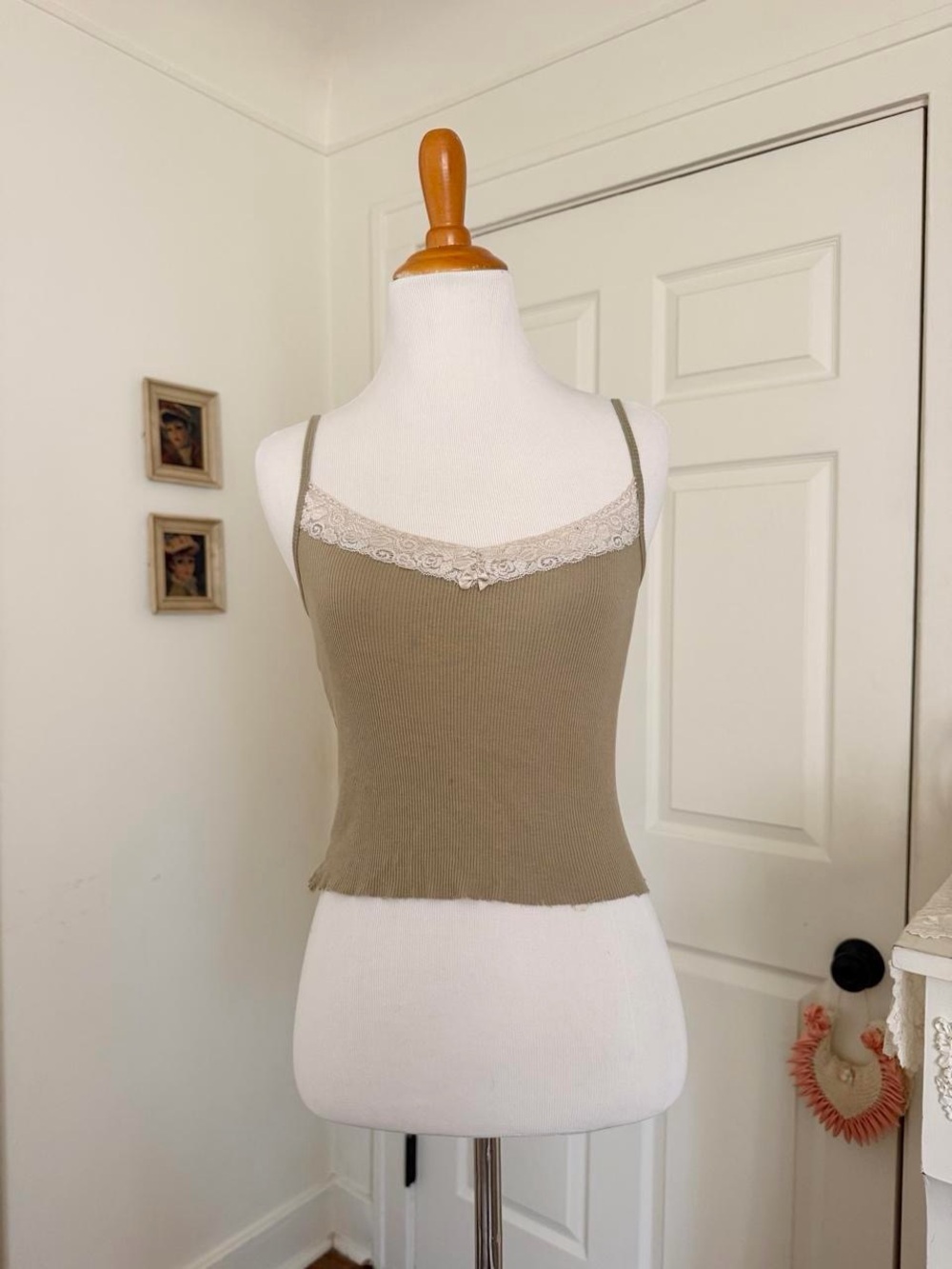 Vintage Green Y2K Lace Trim Cami